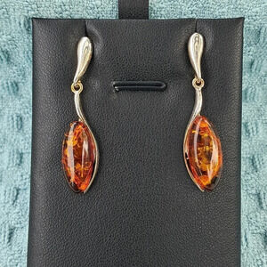 Baltic Amber Drop Dangle Earrings in 925 Sterling Silver.